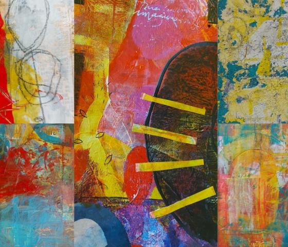 The image is a collage of six abstract paintings, each with vibrant colors and various textures. The top left painting features red and yellow hues with black circular lines and a white hand-like shape. The top middle painting has bright reds, oranges, and pinks with some yellow lines extending from a dark circular shape. The top right painting is predominantly yellow with blue and gray textures. The bottom left painting shows a mix of red, blue, and yellow colors with overlapping brush strokes. The bottom